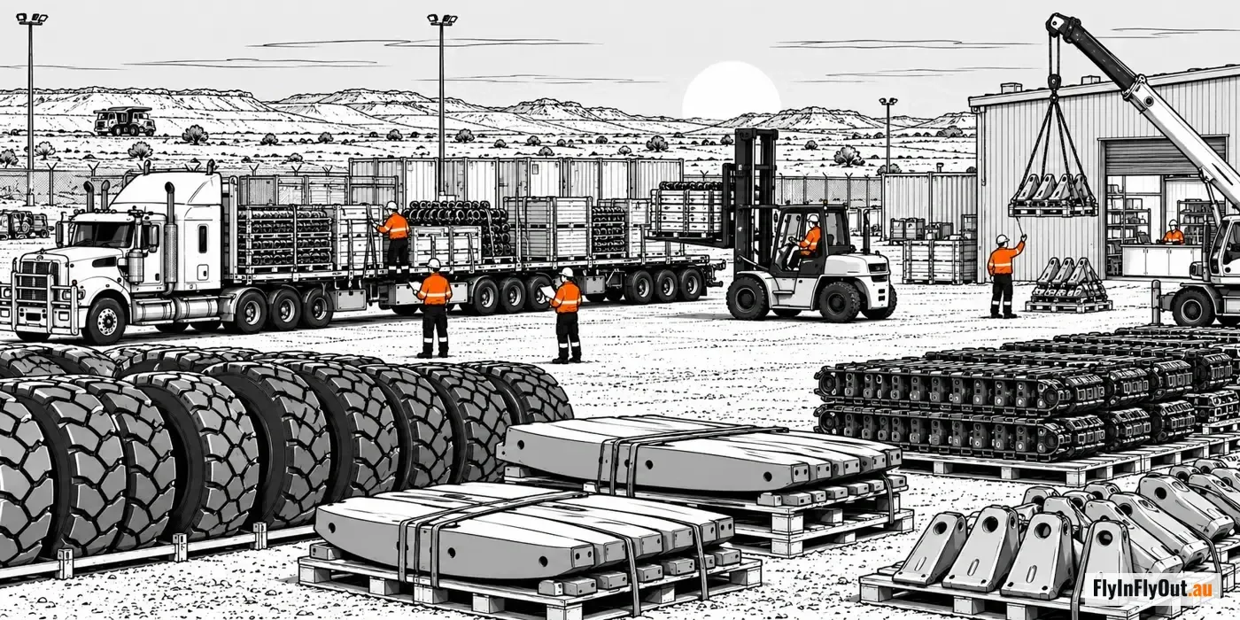 A mine site store yard at sunrise: a road train being unloaded by forklift, a crane lifting excavator teeth onto a pallet, haul truck tyres in a rack, crusher liners and track pads strapped on pallets in the foreground