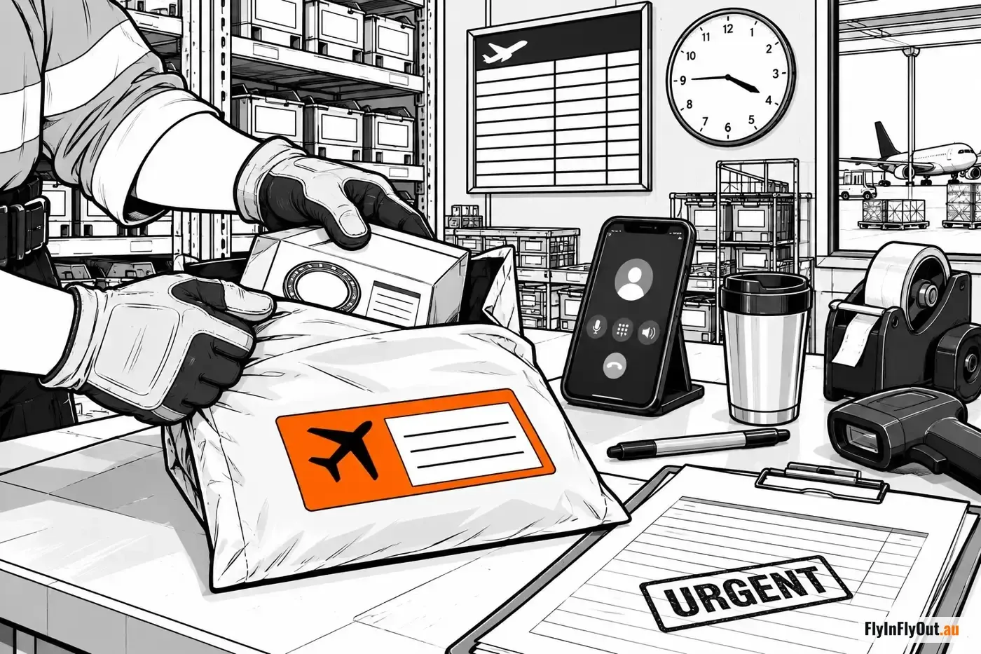 Gloved hands packing a bearing into an air freight satchel with an urgent docket beside it, a phone on a call, a flight board and a plane on the apron through the window