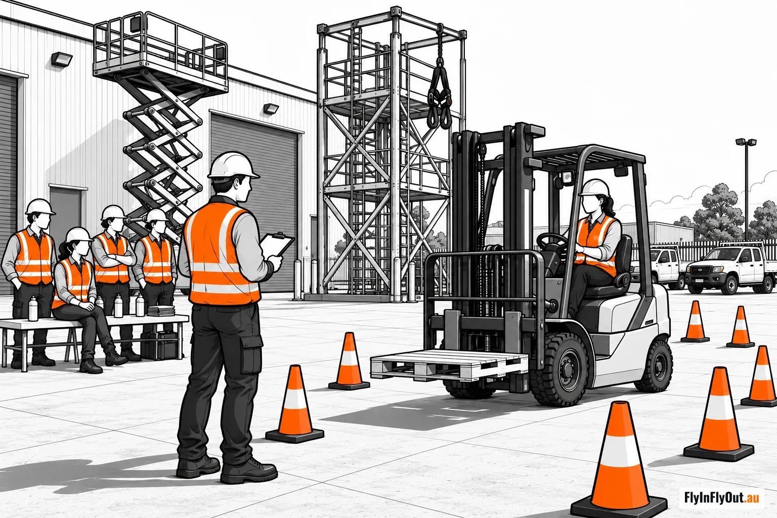 A trainer in a white hard hat and an orange hi-vis vest holds a clipboard and watches a learner drive a forklift with a pallet between traffic cones, five more learners waiting by a bench, a scissor lift and a harness tower behind