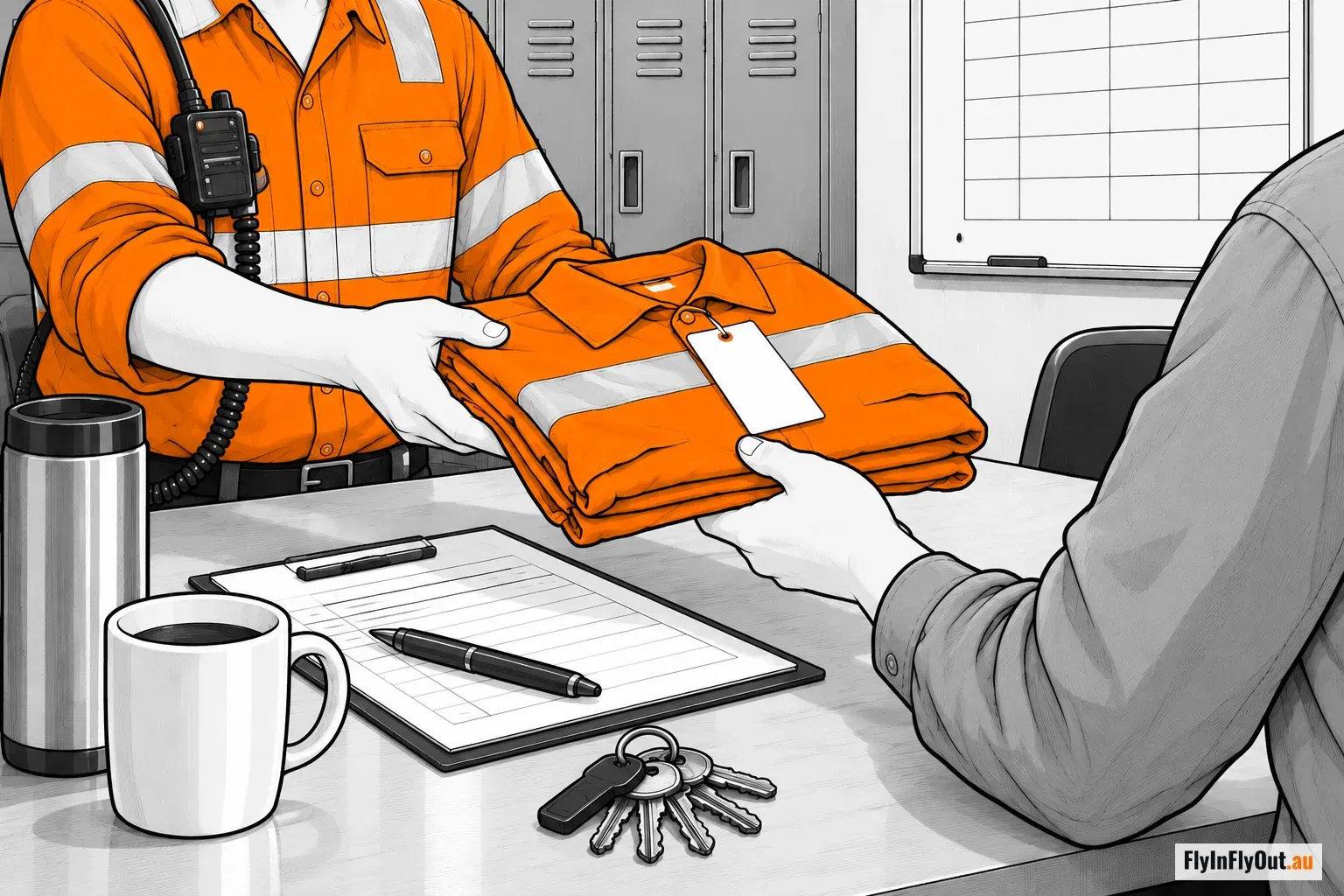 A supervisor in hi-vis hands a folded orange work shirt with the tag still on across a crib room table to a worker, with keys, a sign-on sheet and coffee mugs on the table and lockers behind