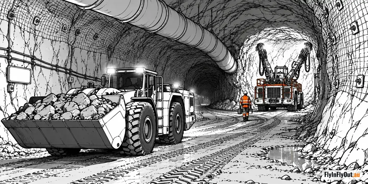 An underground mine drive with a loader carrying a bucket of rock in the foreground, a worker in orange hi-vis walking away with a toolbox, and a drill rig lit up at the face beyond