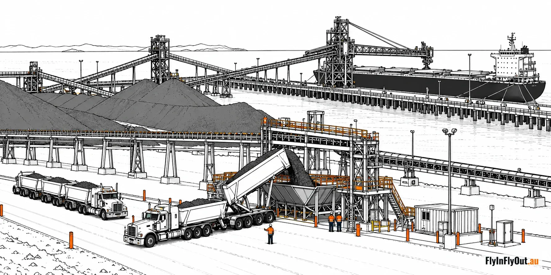 A road train tipping ore into a hopper at a port, with a second road train waiting, stockpiles, conveyors and a ship loading at the jetty