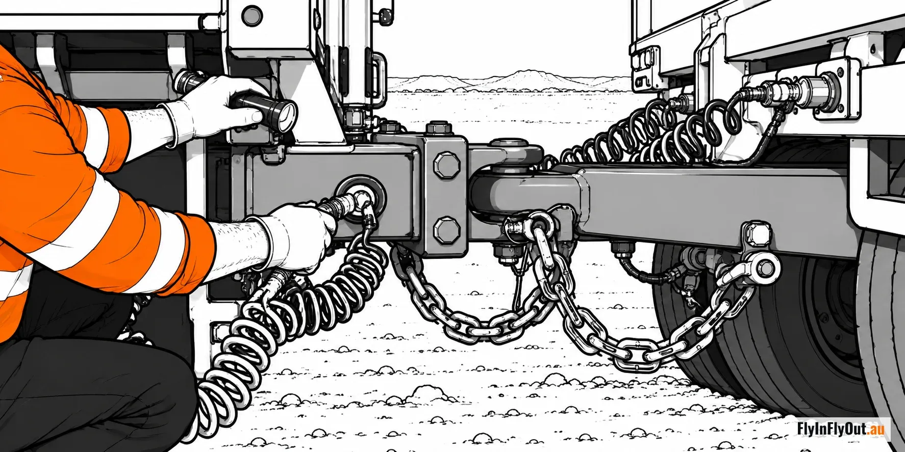 A driver in hi-vis connecting the air lines and checking the safety chains on the drawbar between two road train trailers