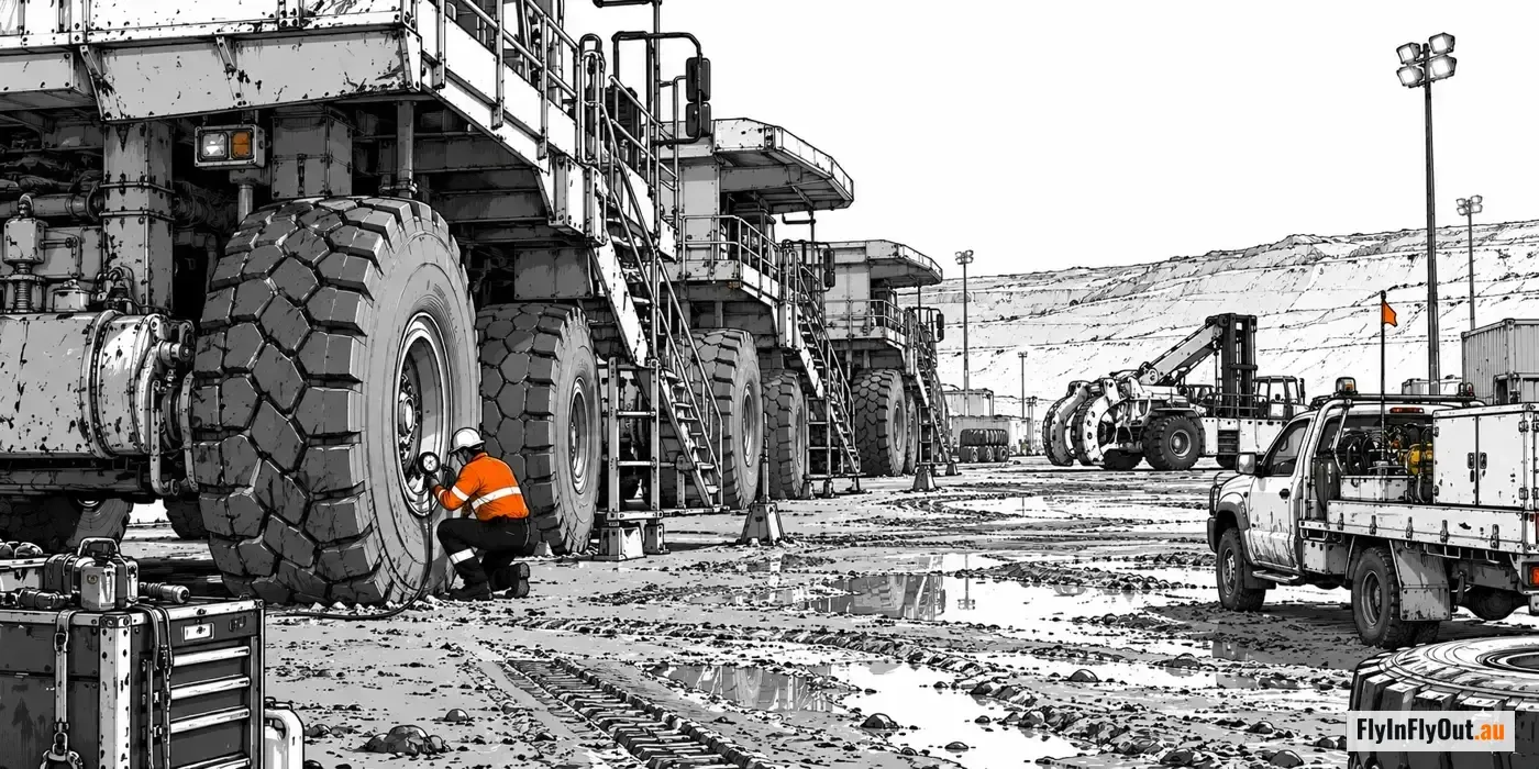 A tyre fitter crouched at the front wheel of a haul truck in the go-line checking the pressure with a gauge, three more trucks parked behind, a tyre handler and a service ute with a compressor on the tray beside him