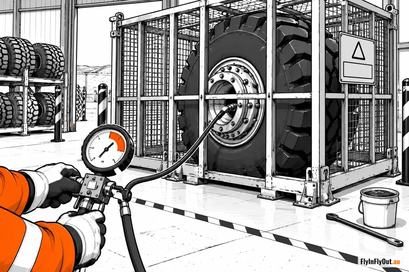 Gloved hands holding a pressure gauge on a long hose, inflating a haul truck tyre inside a steel safety cage from behind a painted line, a warning sign on the cage