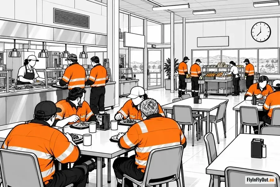 A crowded camp mess at dinner, workers in hi-vis at the tables, utilities in aprons serving and clearing behind the counter