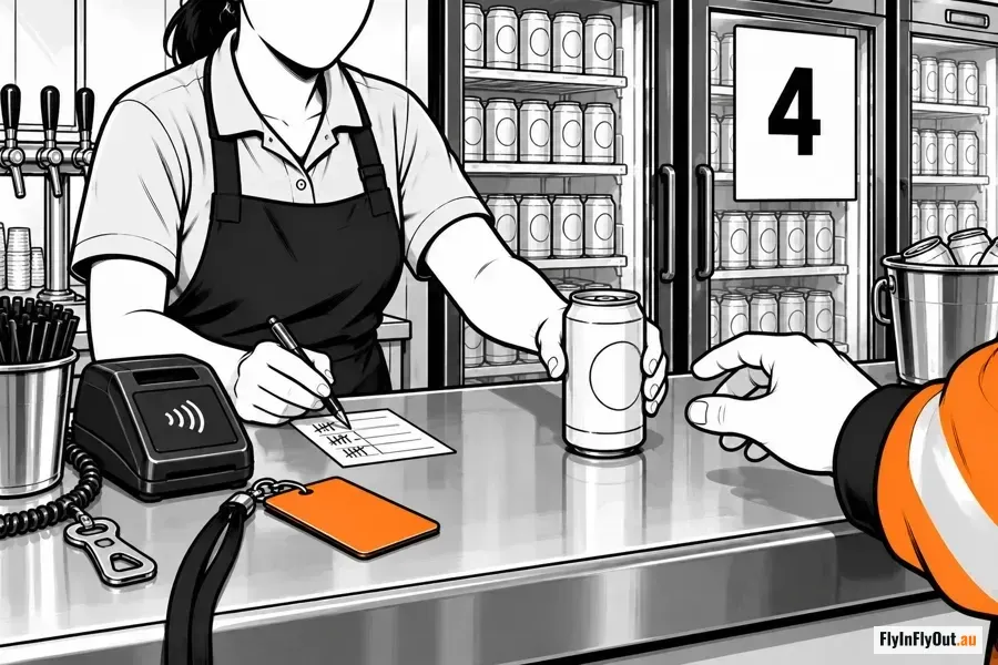 A utility in an apron behind the wet mess bar, marking a tally sheet while handing over a can, a sign reading 4 on the fridge