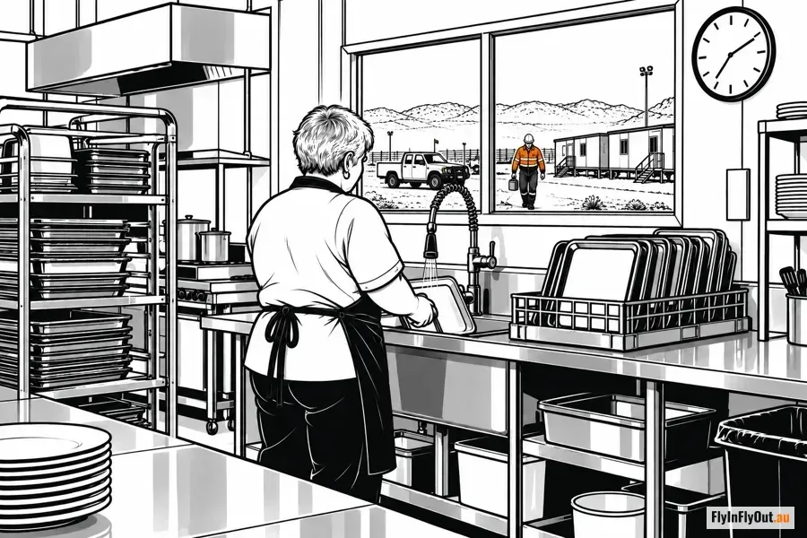 A kitchen hand at a camp sink with trays stacked beside her, a worker in hi-vis crossing the yard outside the window