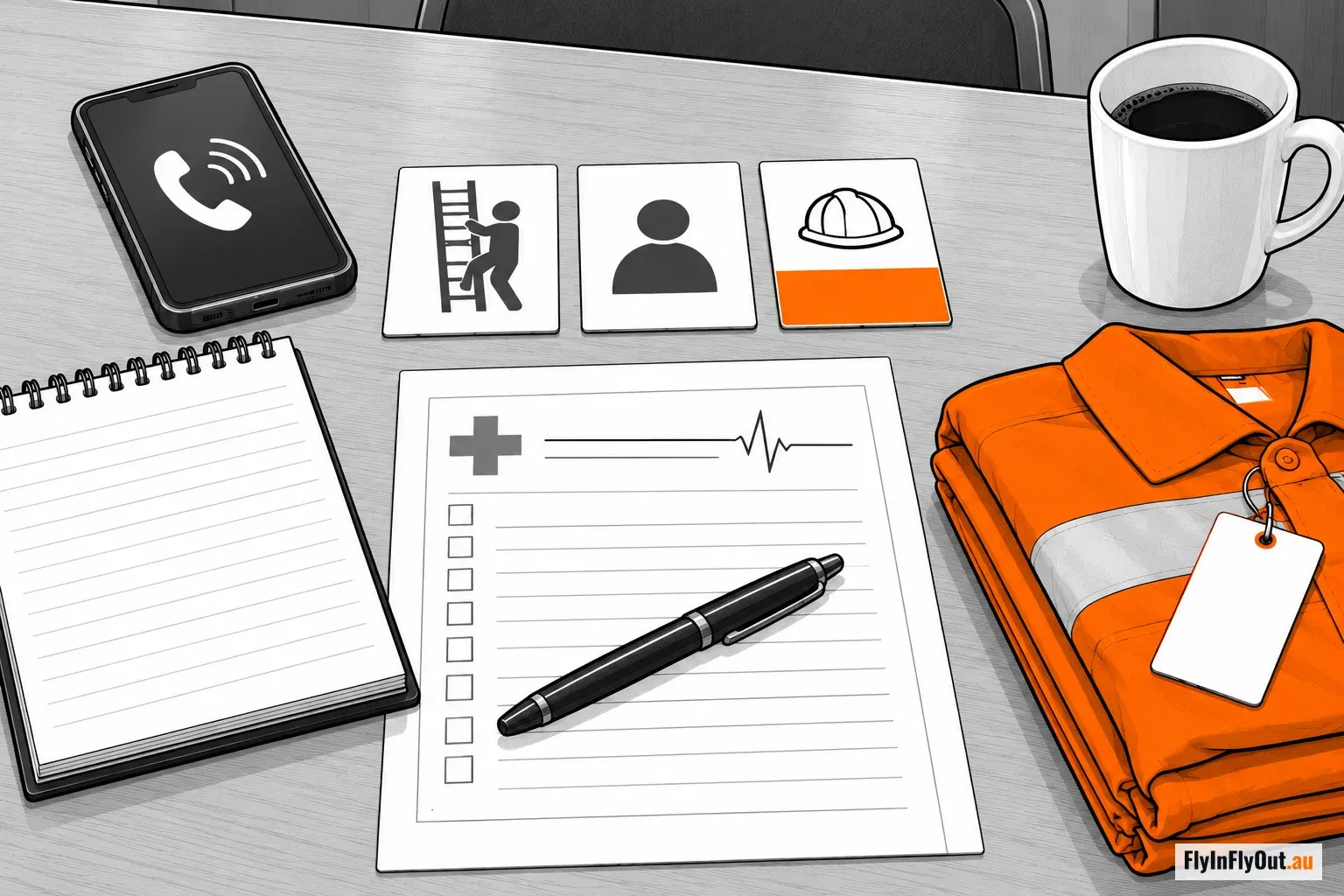Ticket cards laid out on a table beside a medical checklist, a phone and folded hi-vis