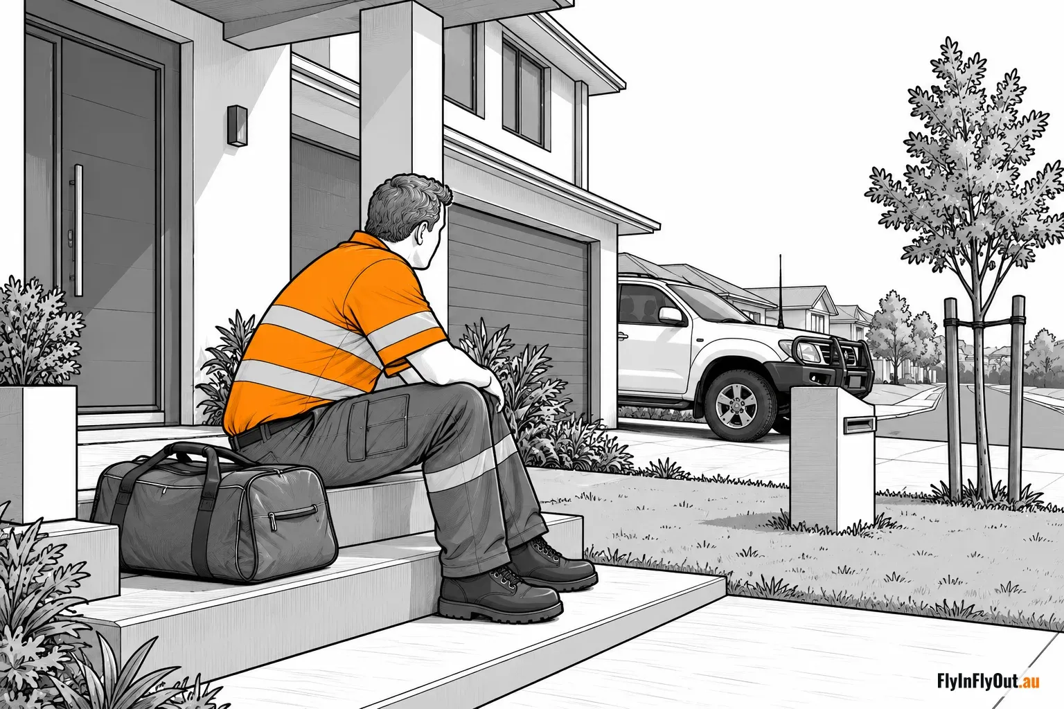A man in hi-vis sits on the front steps of a large new house, bag beside him, ute in the driveway