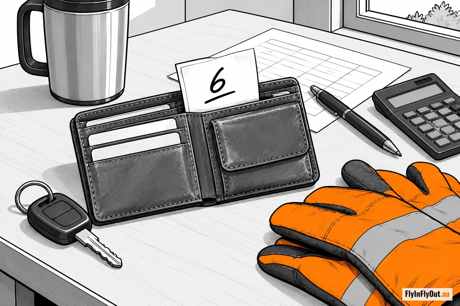 An open wallet on a table with a handwritten number on a card tucked inside, next to a calculator and work gloves