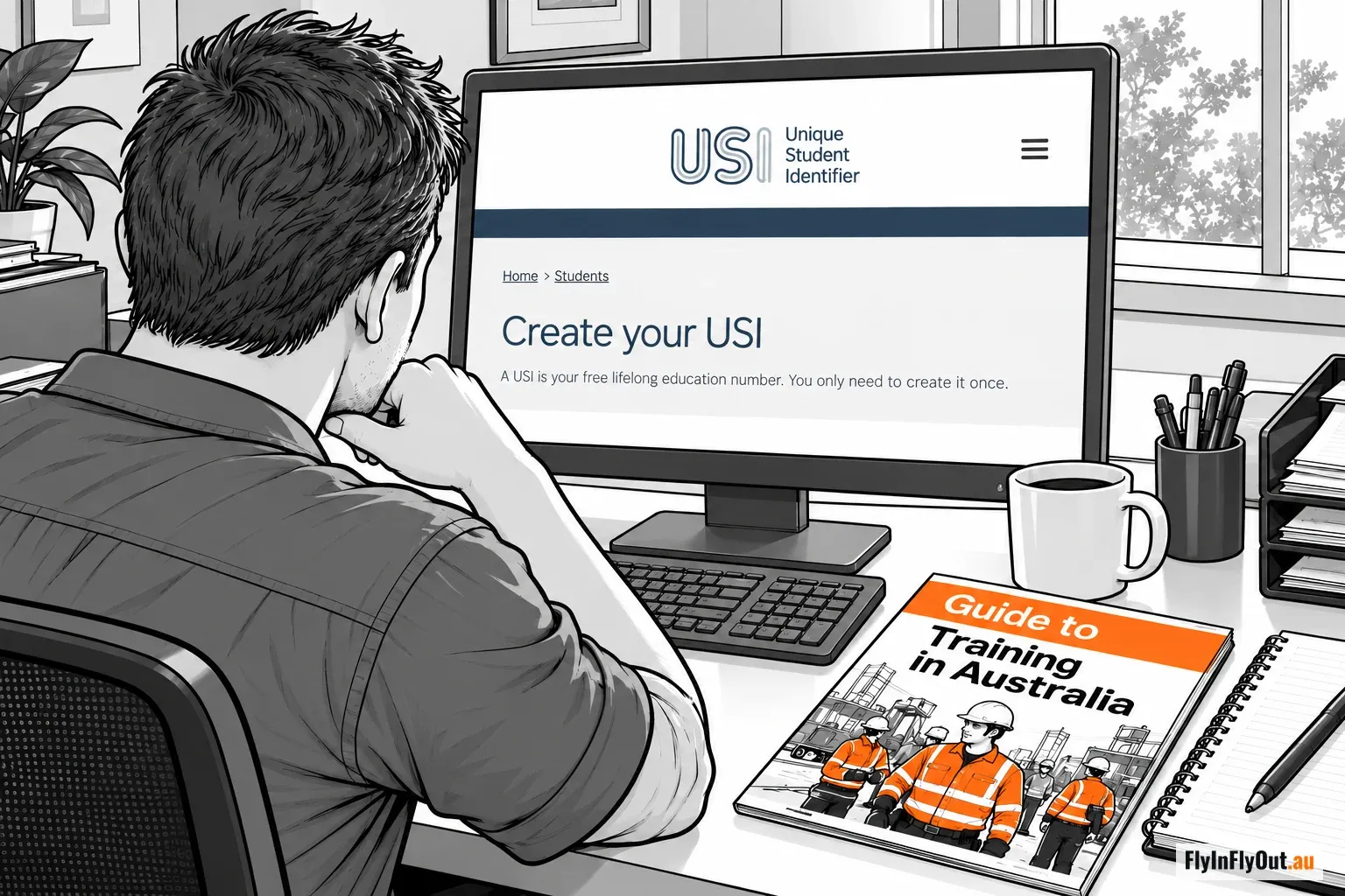 Line drawing of a man at a desk, seen from behind with his chin on his hand, reading the Create your USI page on his computer, with a Guide to Training in Australia booklet beside the keyboard