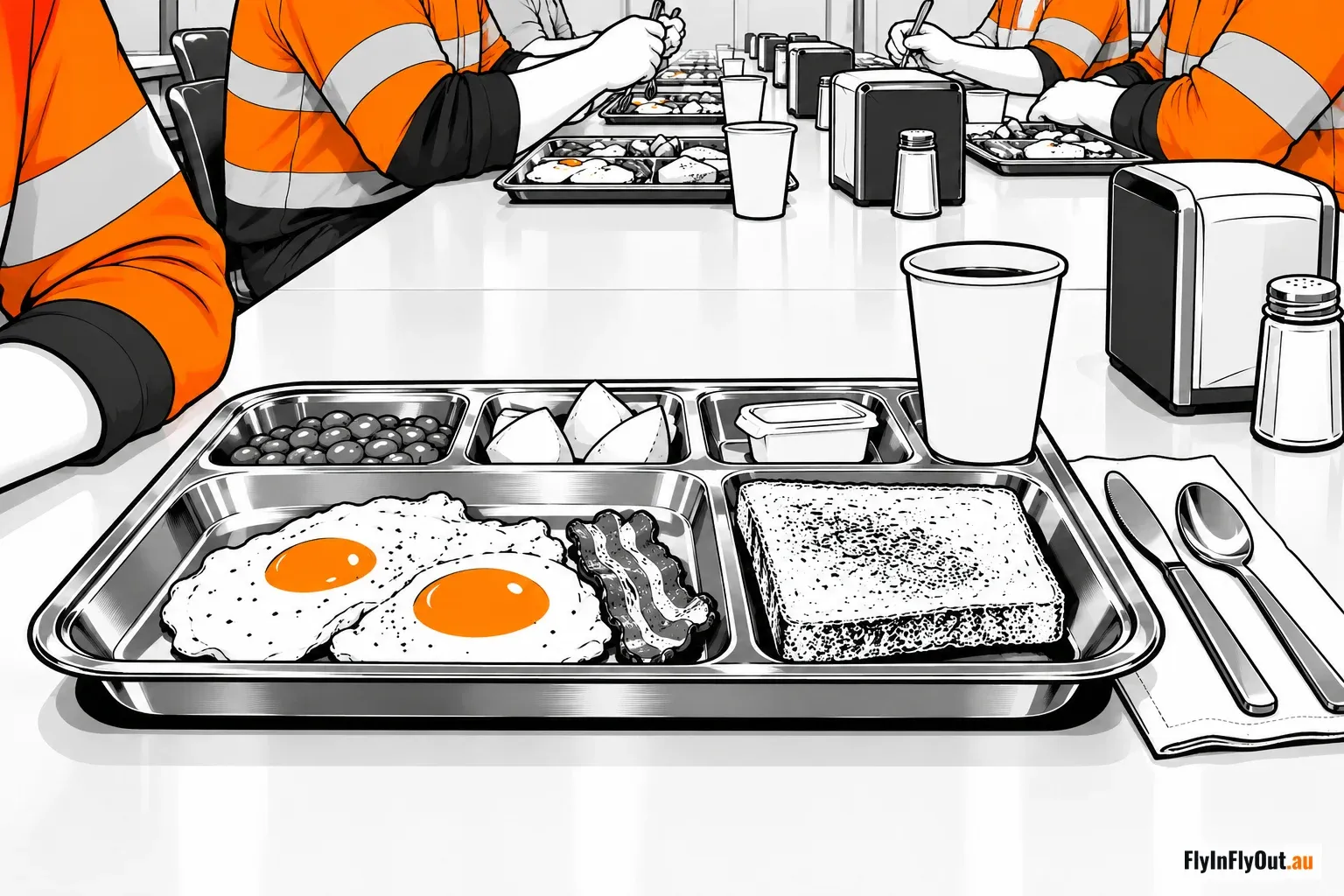 A breakfast tray in a camp mess: eggs, bacon, toast and beans, with workers in orange hi-vis eating down the long table