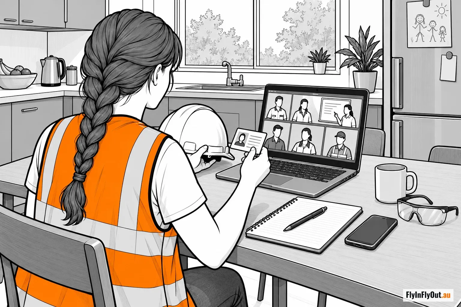 A woman in a hi-vis vest at her kitchen table, holding up her ID card and a hard hat to a live White Card class on her laptop